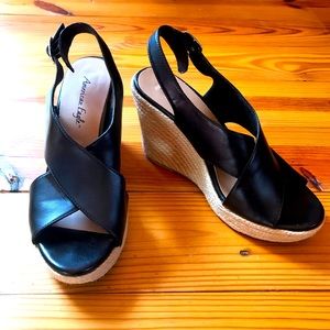 American Eagle Black Rope Wedges, EUC, 9.5